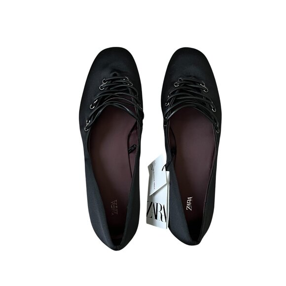 ZARA Satin Effect Ballet Flats Black Size 6.5 Crisscross Lace-Up Chic Trendy - Picture 3 of 8